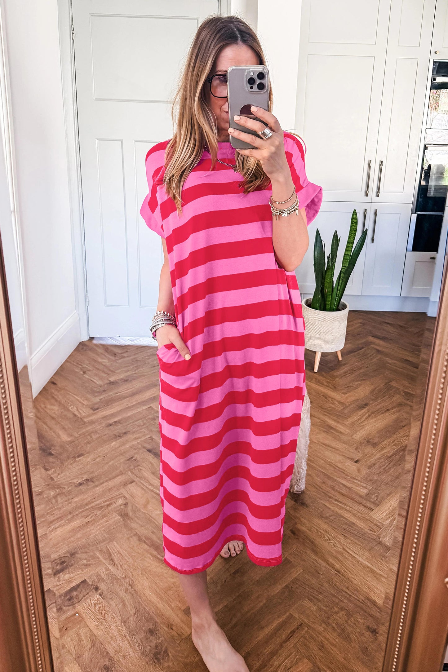 Stripe Cuffed Short Sleeve Pocketed Casual T Shirt Long Dress