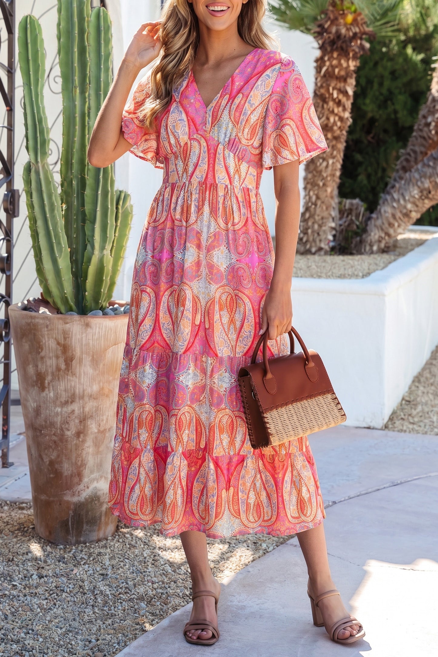 Paisley Print V-Neck Short Sleeve Boho Maxi Dress with Ruffle Details