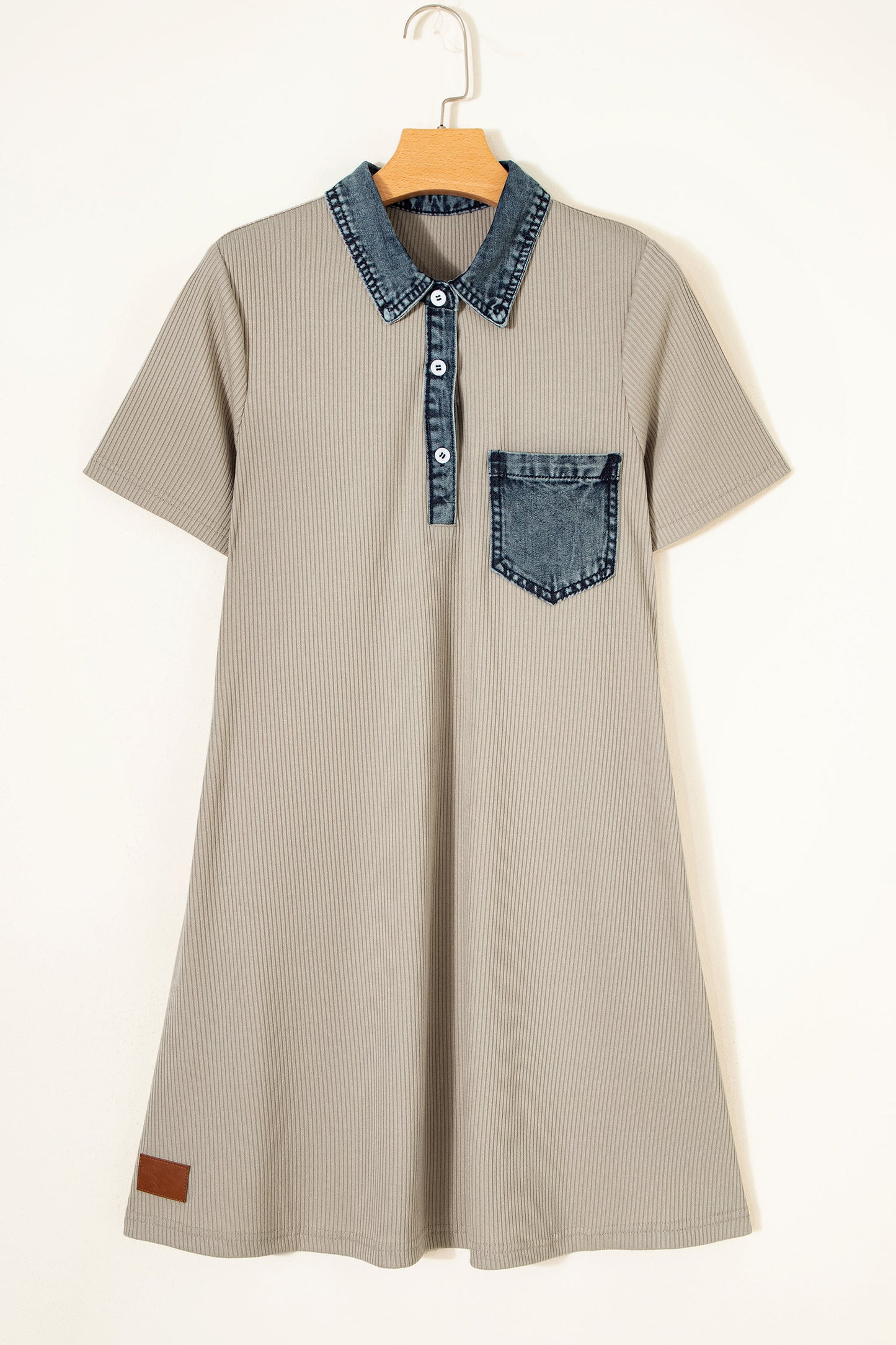 Short Sleeve Ribbed Knit Denim Patchwork Polo Collar Dress