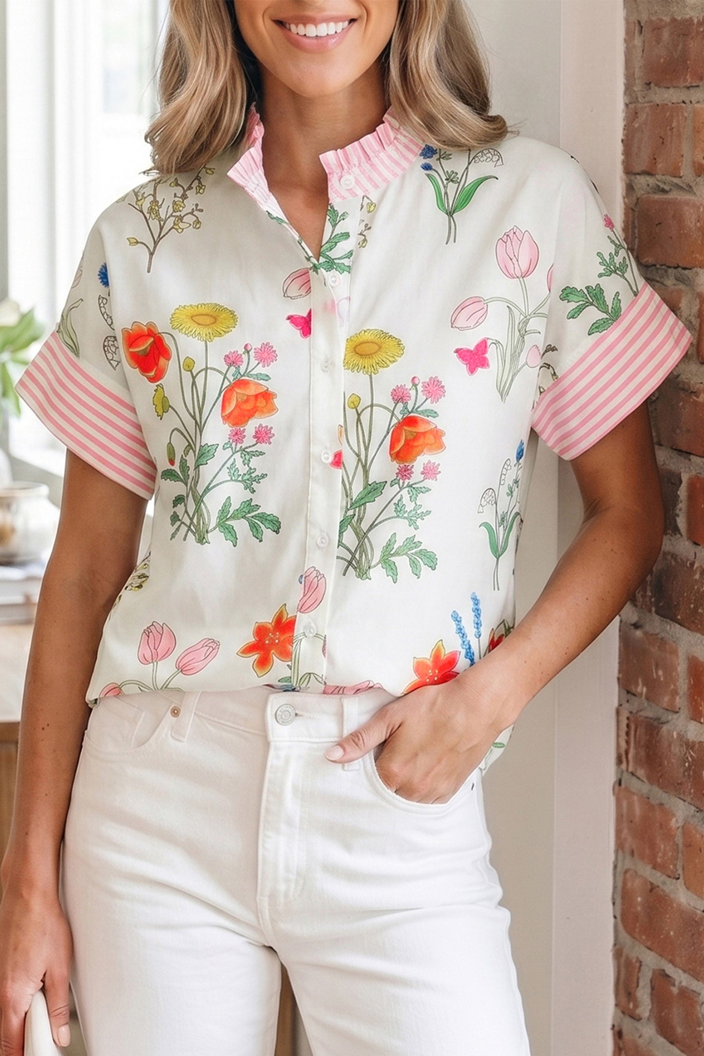 Striped Patchwork Ruffled Collar Short Sleeve Shirt