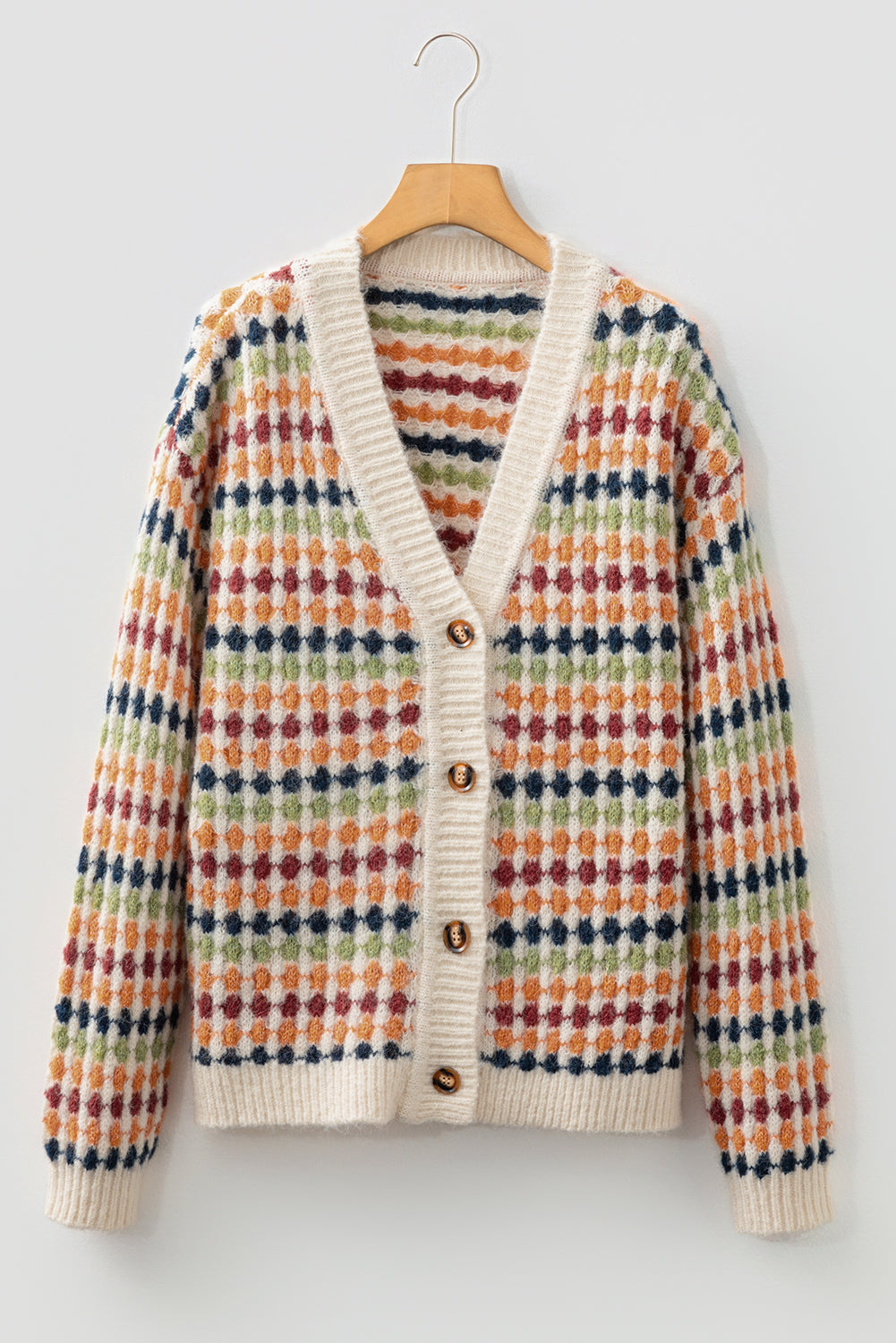 Dotty Pattern Knit Button Front V Neck Sweater Cardigan