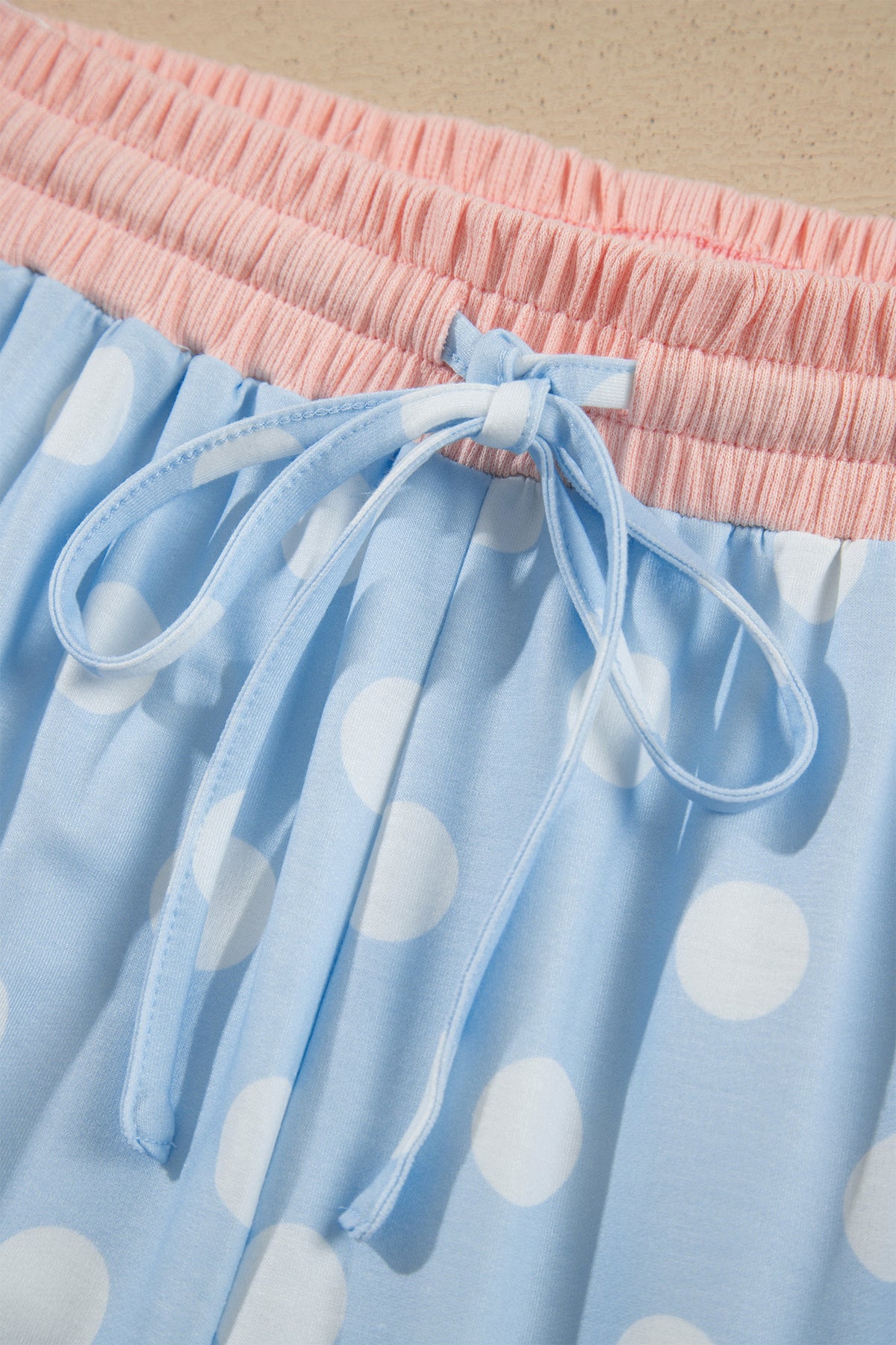 Polka Dot Contrast Trim Long Sleeve Top Drawstring Shift Pants Set