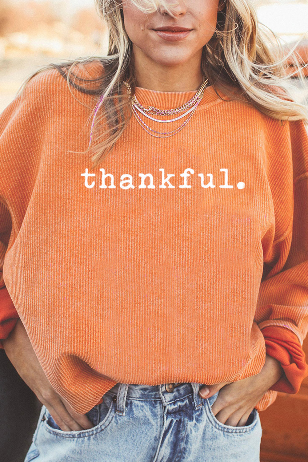 Thankful Ribbed Crew Neck Thanksgiving Sweatshirt