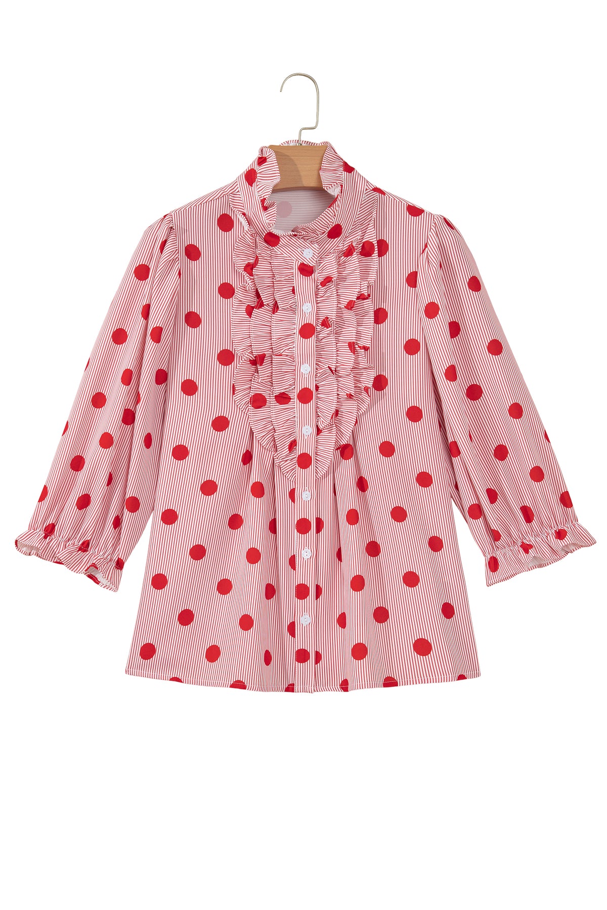 Polka Dot Striped Print Ruffle Stand Neck 3/4 Sleeve Shift Shirt