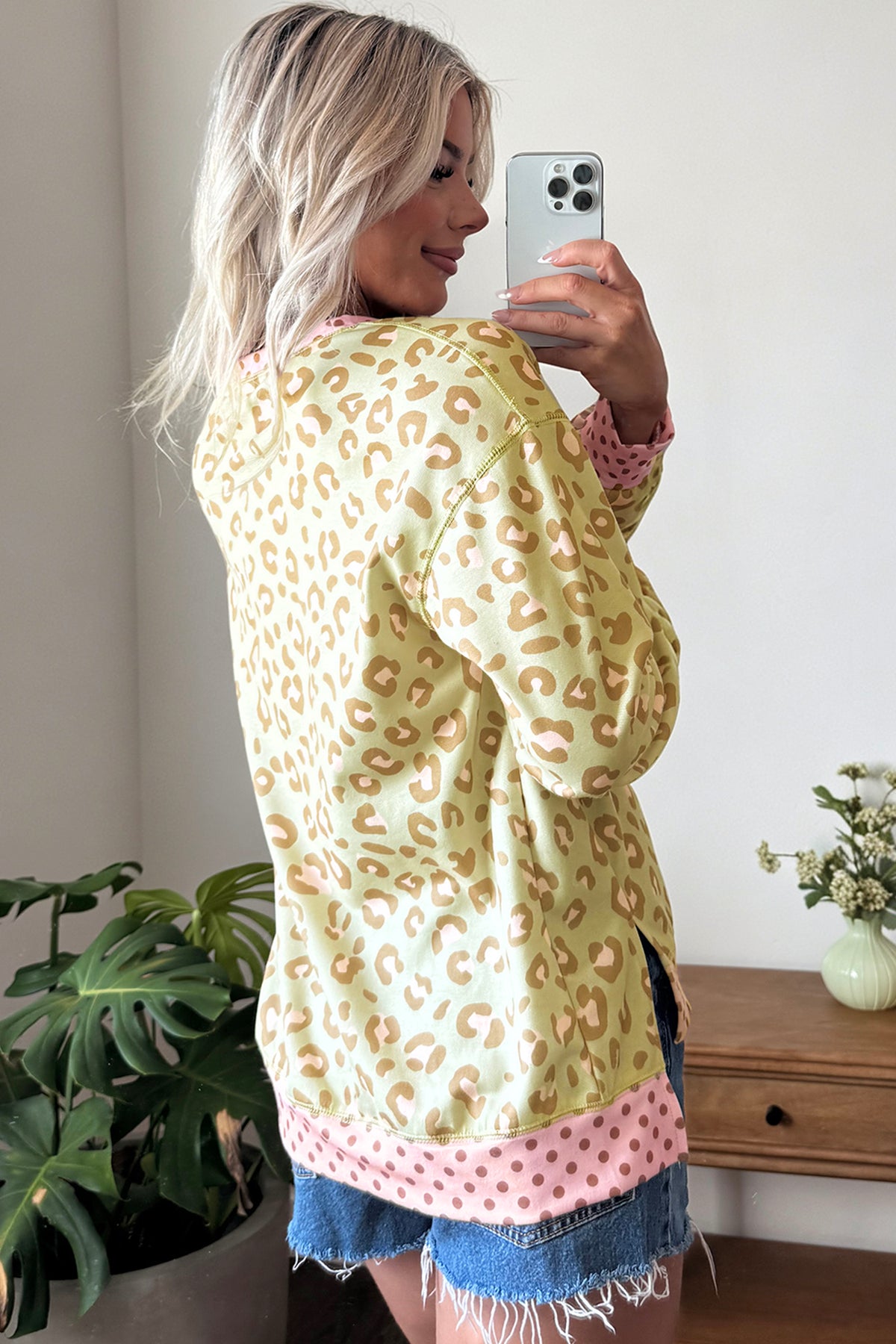 Leopard Polka Dot Colorblock Trim Long Sleeve Top