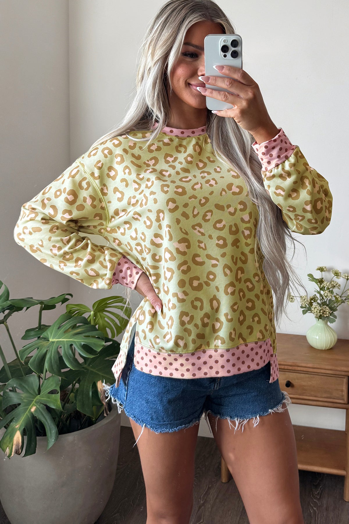 Leopard Polka Dot Colorblock Trim Long Sleeve Top
