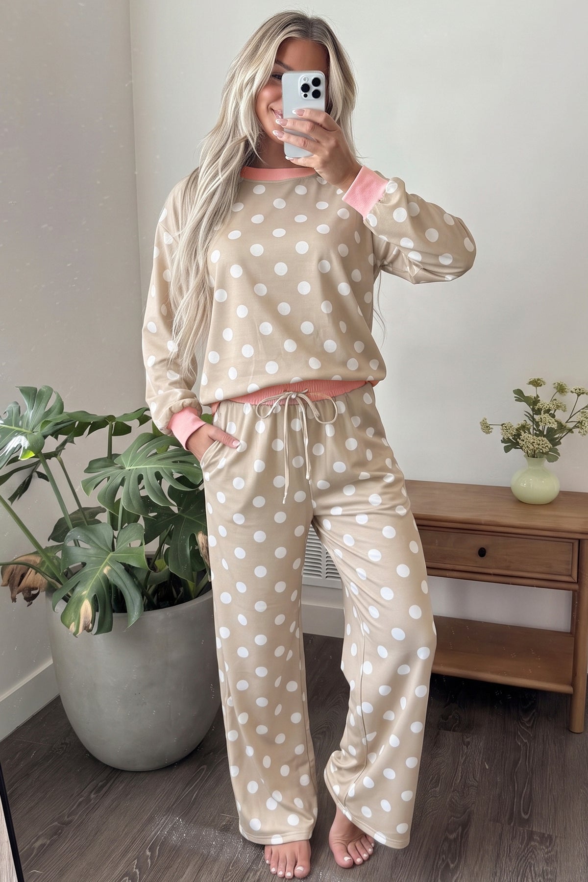 Polka Dot Contrast Trim Long Sleeve Top Drawstring Shift Pants Set
