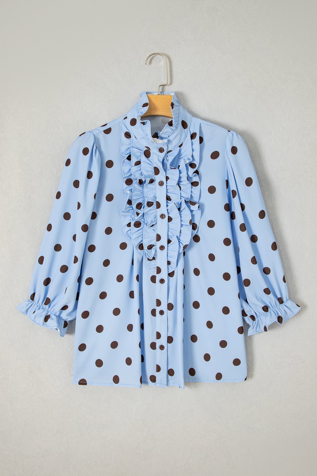 Polka Dot Striped Print Ruffle Stand Neck 3/4 Sleeve Shift Shirt