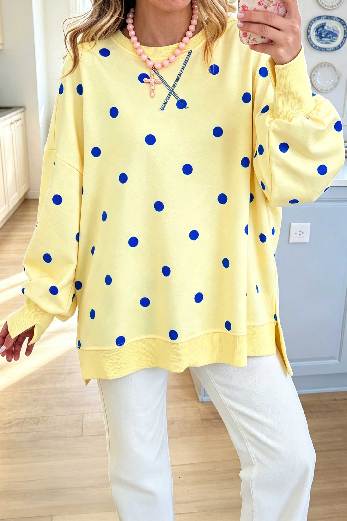 Polka Dot Loose Long Sleeve Split Hem Pullover Top