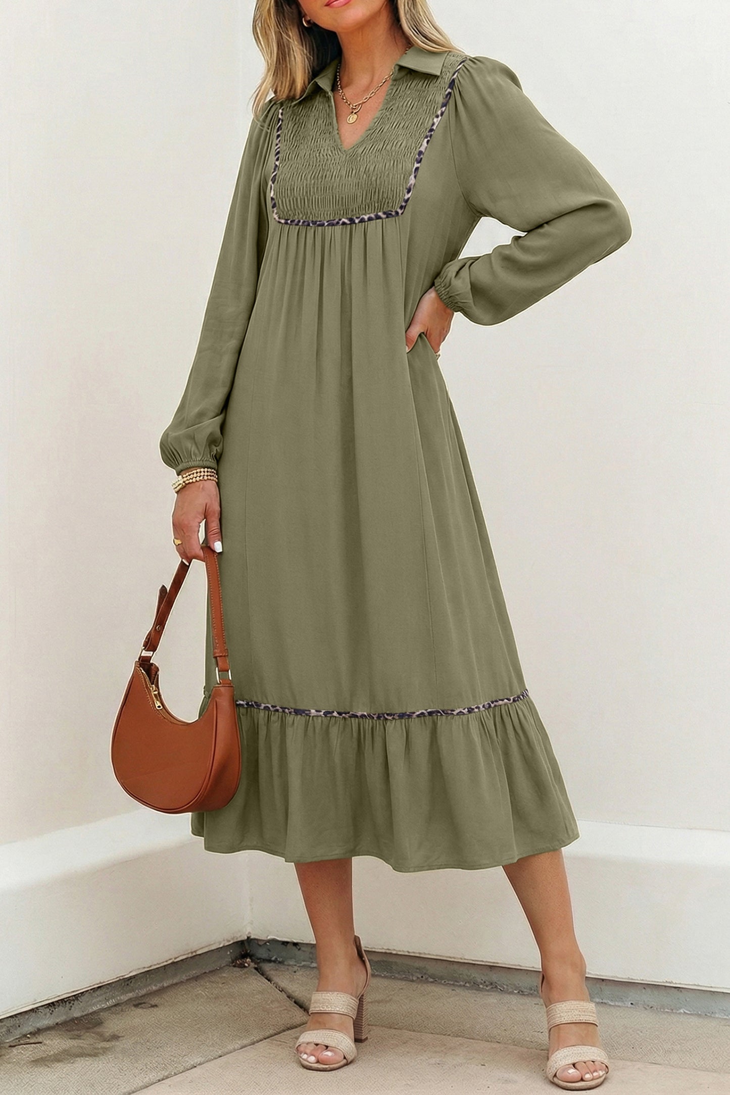 V Neck Smocked Detail Contrast Leopard Trim Bracelet Sleeve Long Dress