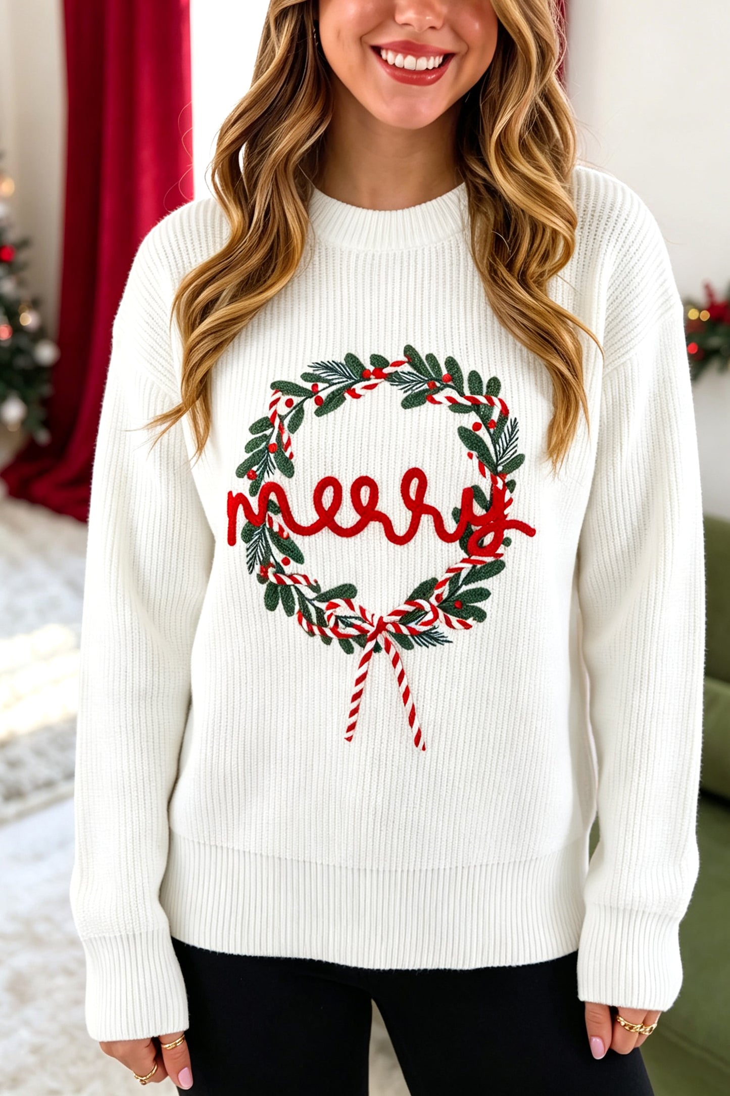 Christmas Wreath Pattern Round Neck Casual Sweater