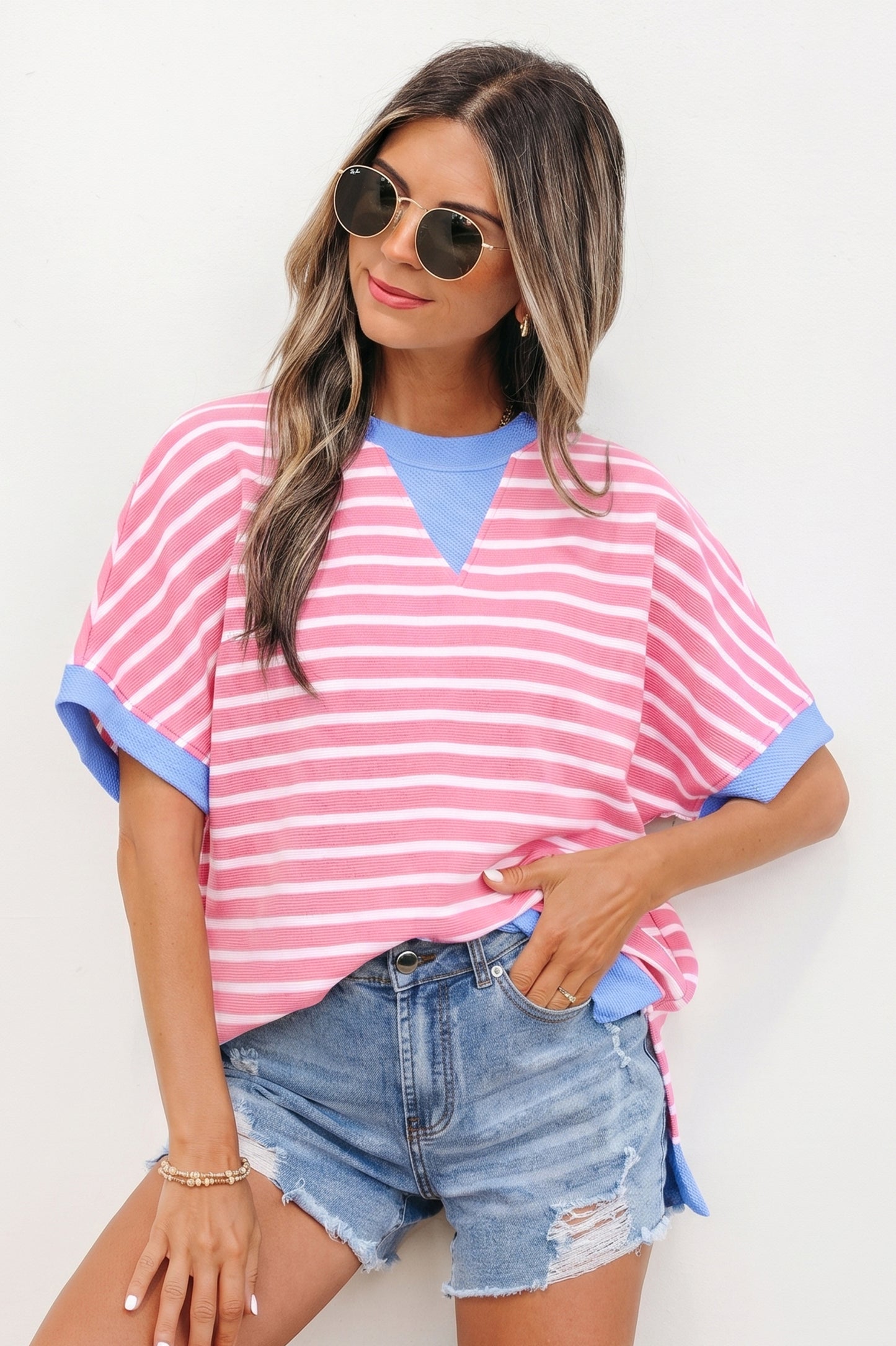 Stripe Contrast Trim Loose Short Sleeve Top