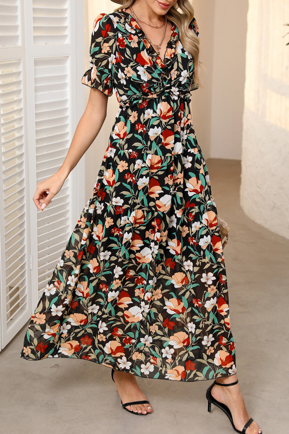 Floral Print Frilled V Neck Short Sleeve Maxi Dress