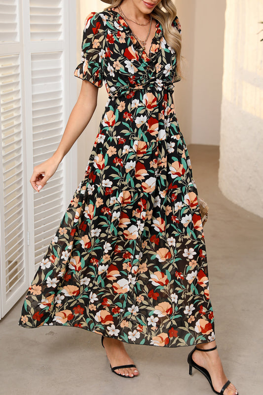 Floral Print Frilled V Neck Short Sleeve Maxi Dress