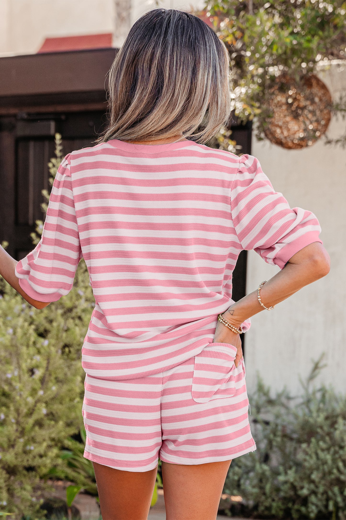 Stripe Puff Short Sleeve Shorts Set