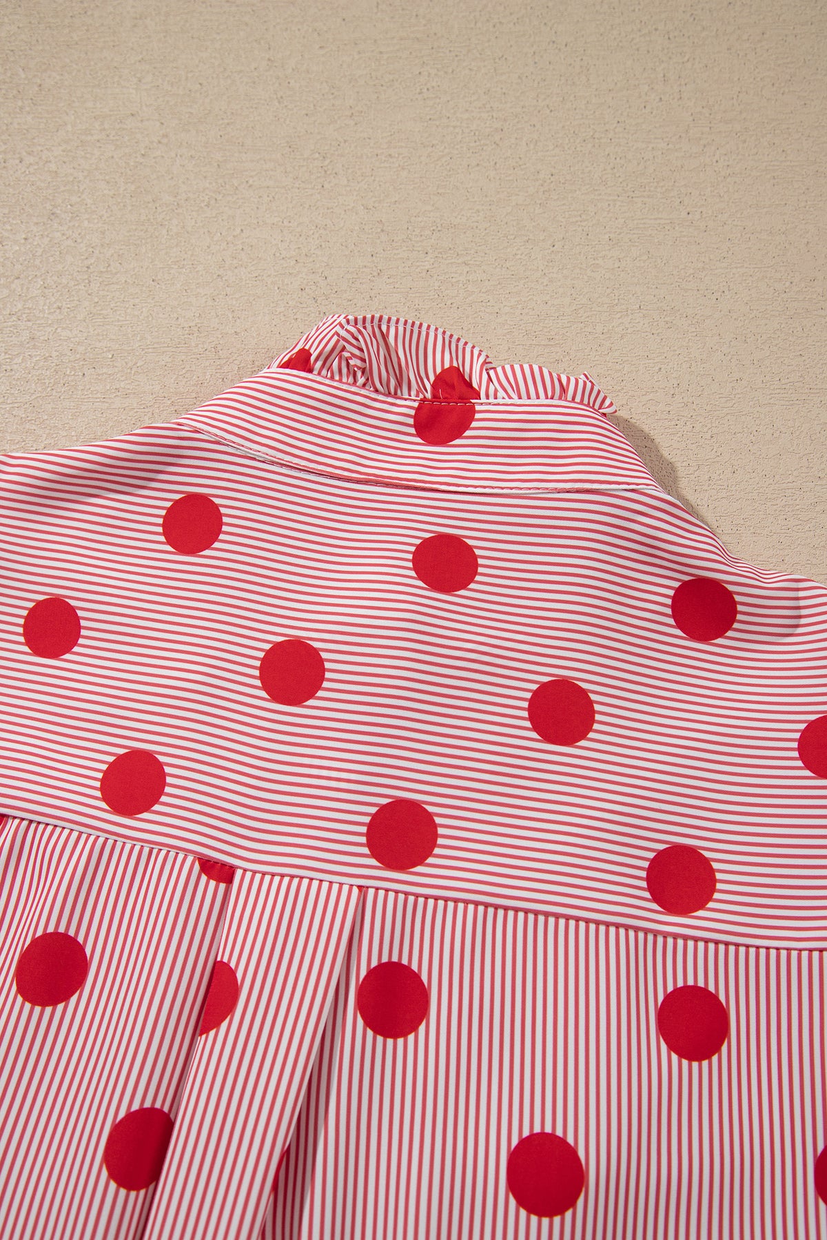 Polka Dot Striped Print Ruffle Stand Neck 3/4 Sleeve Shift Shirt