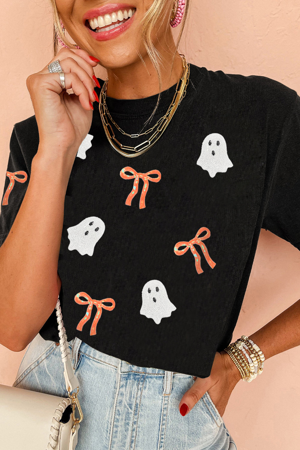Sequin Bow Ghost Patched Halloween Graphic Tee