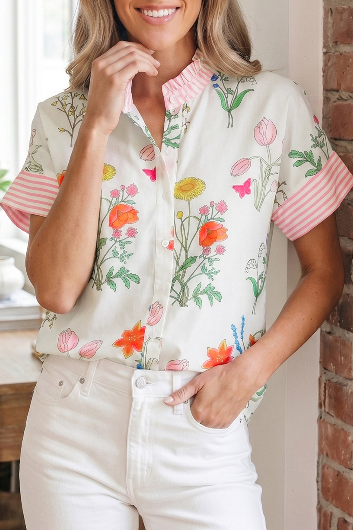 Striped Patchwork Ruffled Collar Short Sleeve Shirt