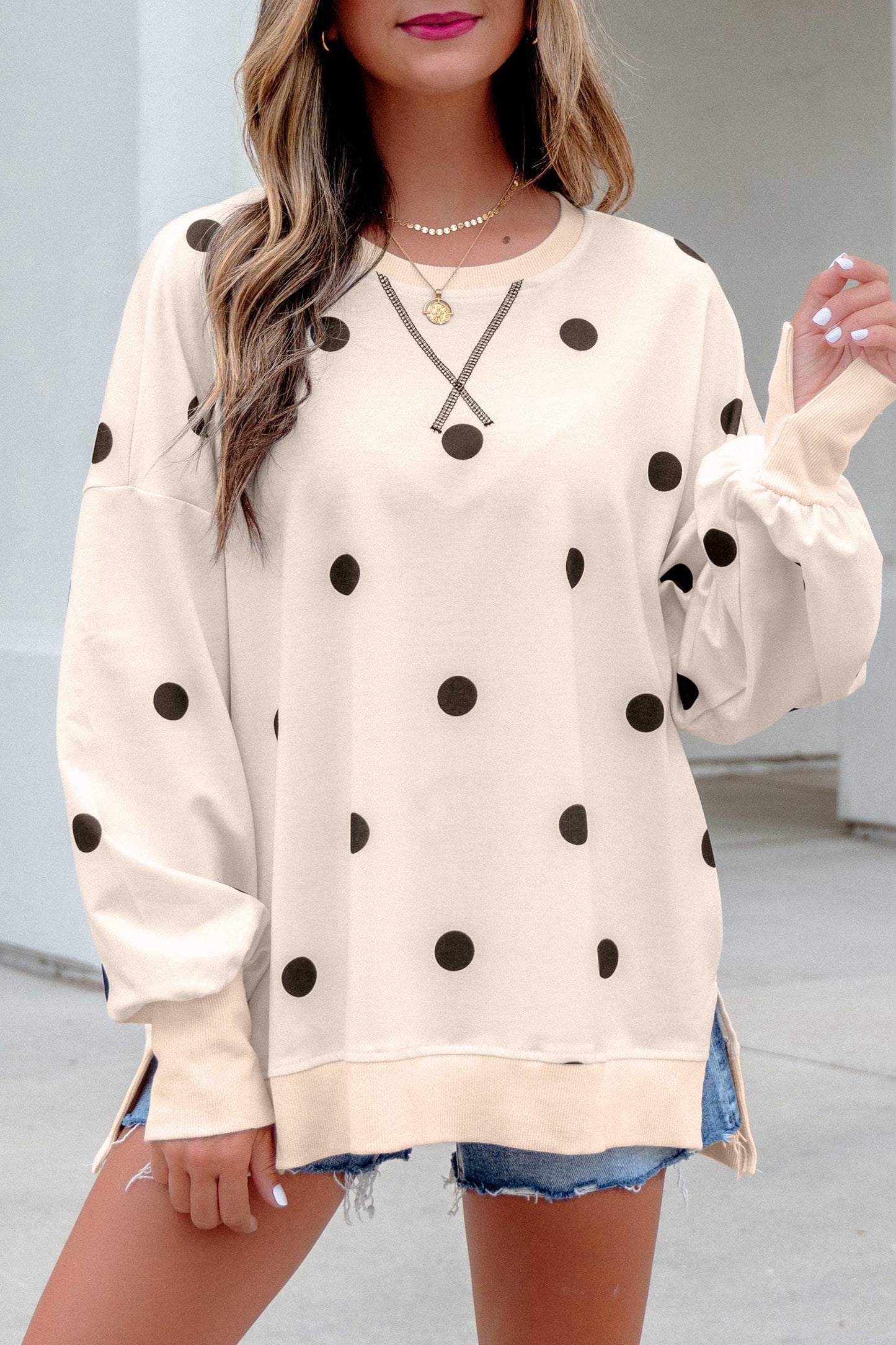 Polka Dot Loose Long Sleeve Split Hem Pullover Top