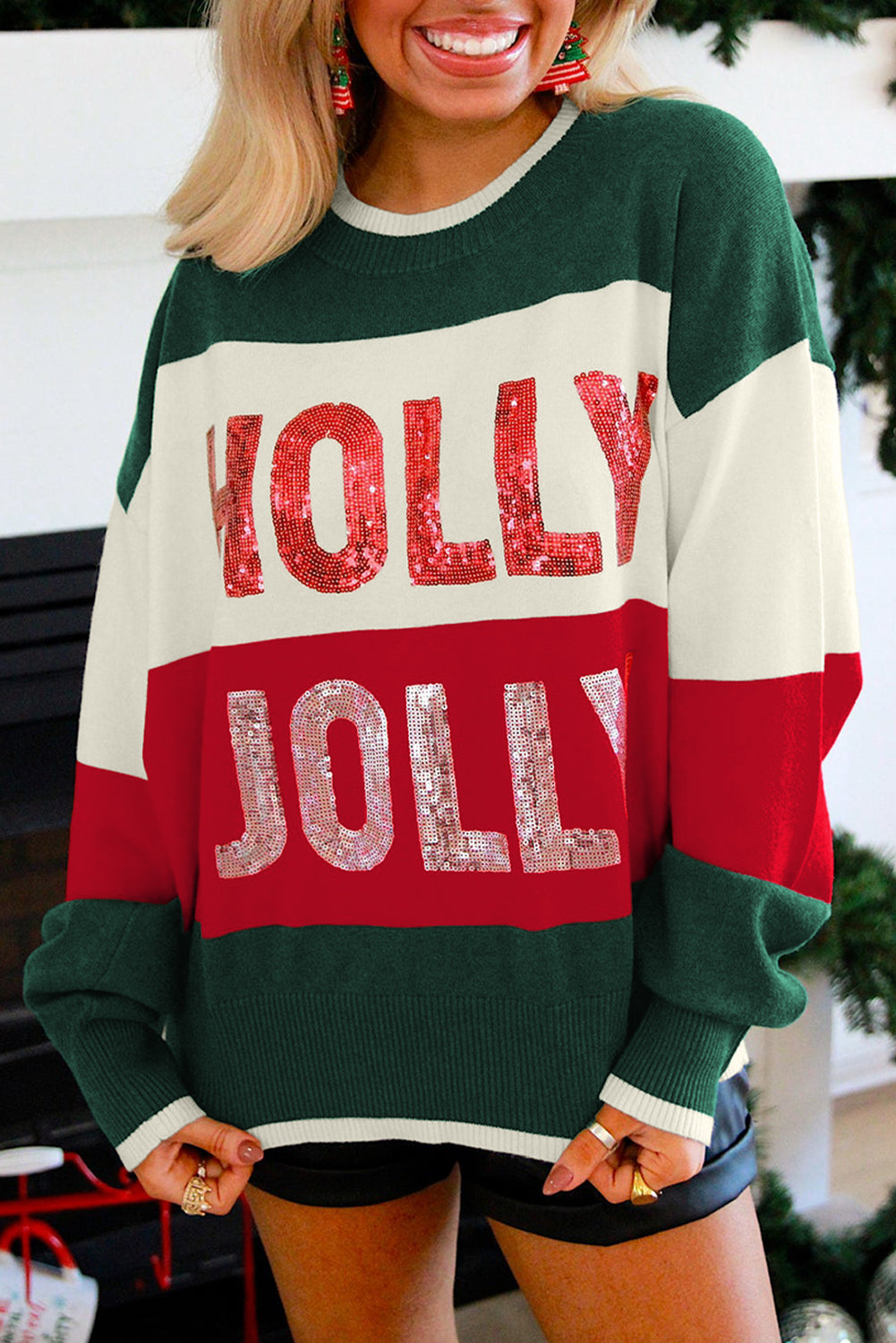 Sequined HOLLY JOLLY Color Block Crew Neck Sweater