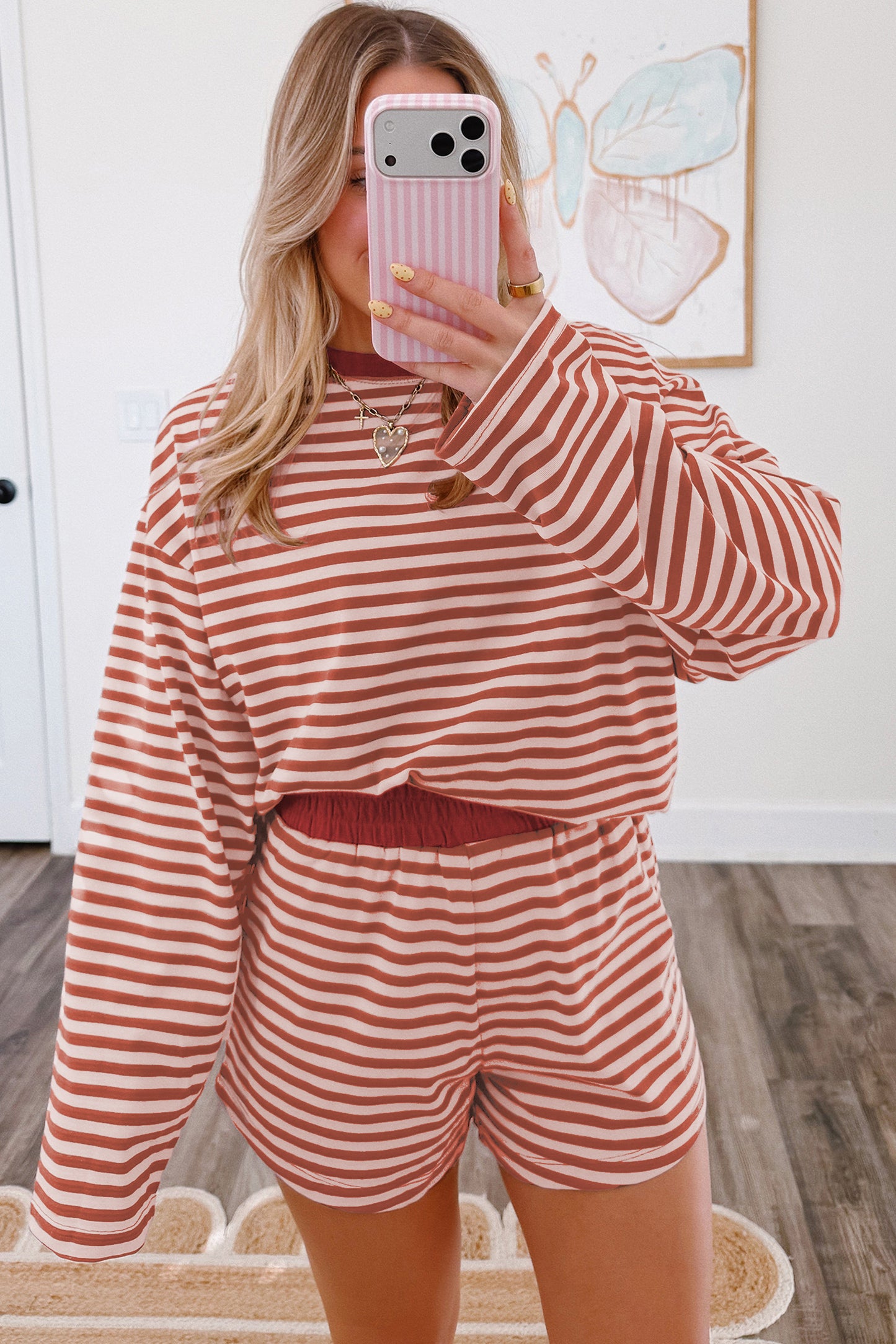 Stripe Relaxed Long Sleeve Top Contrast Elastic Waistband Short Set