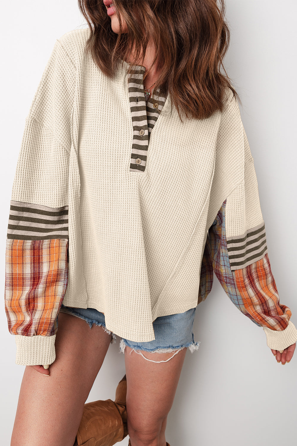 Waffle Stripe Plaid Patchwork Henley Knit Top
