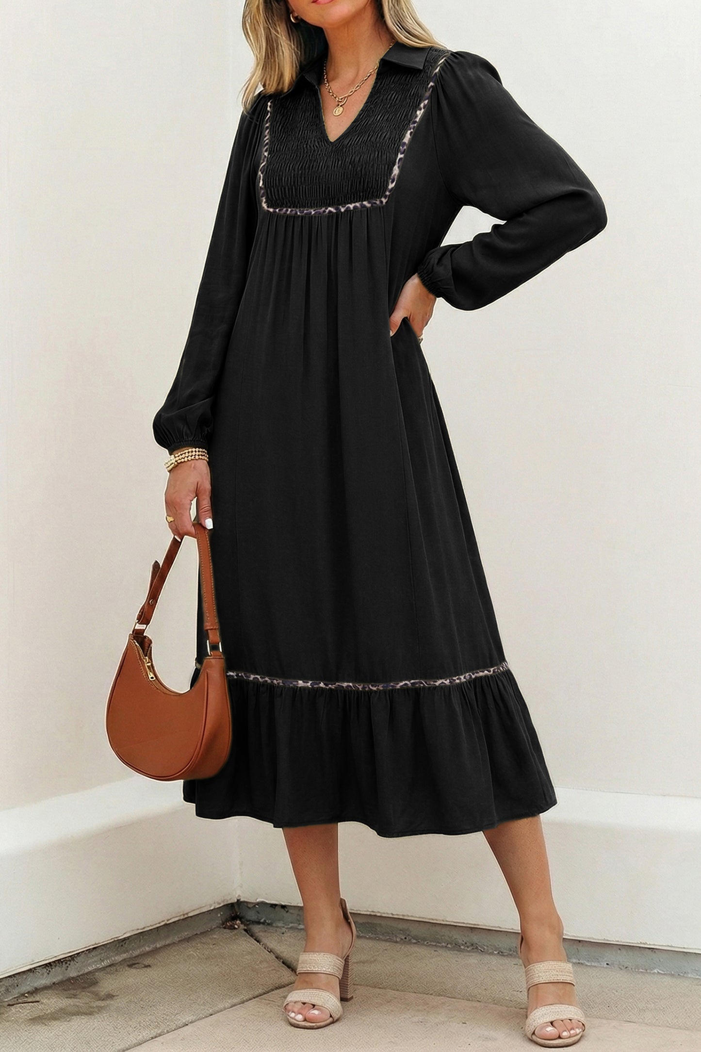 V Neck Smocked Detail Contrast Leopard Trim Bracelet Sleeve Long Dress