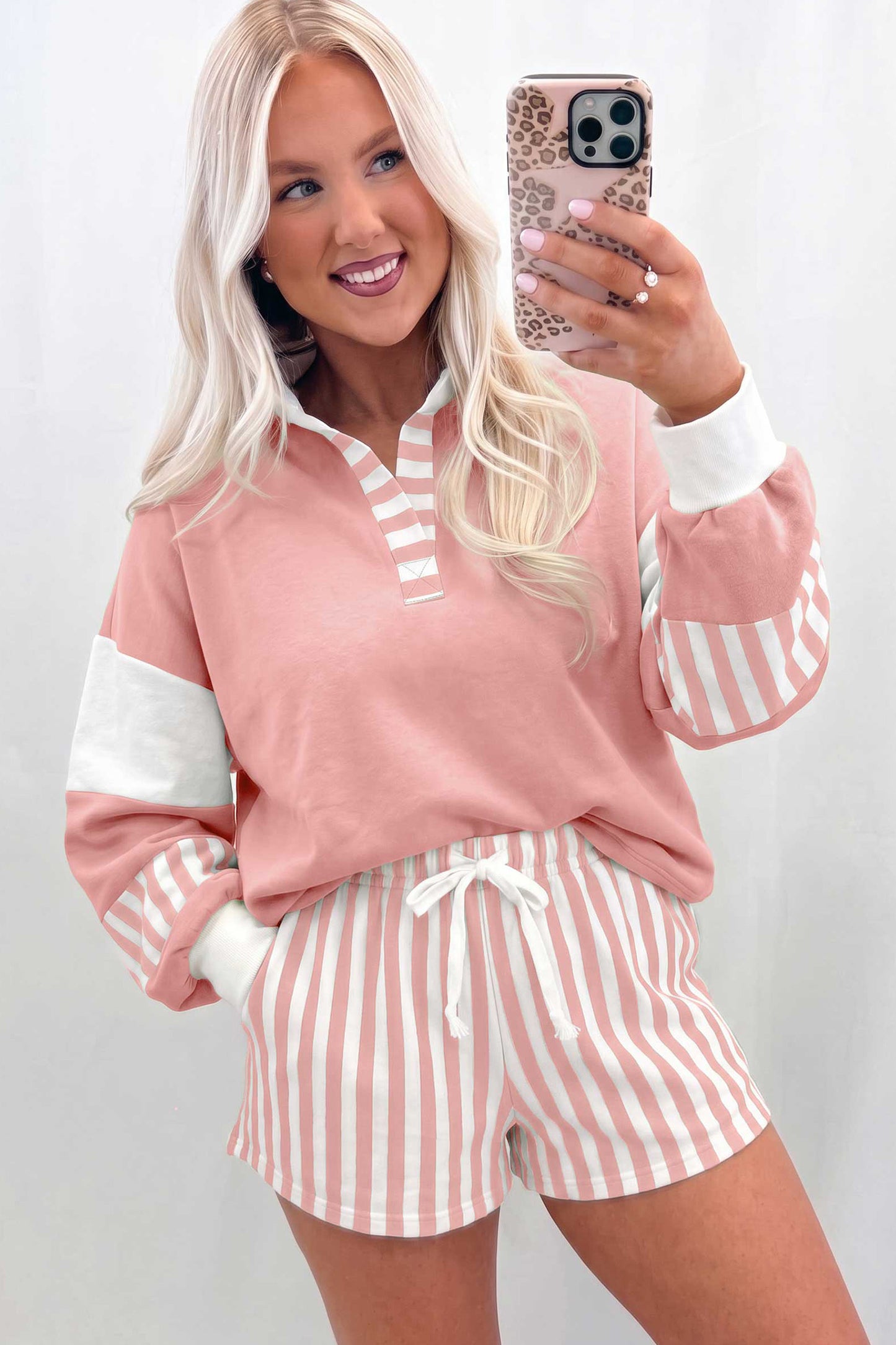 Striped Color Block Pullover Top Drawstring Shorts Set