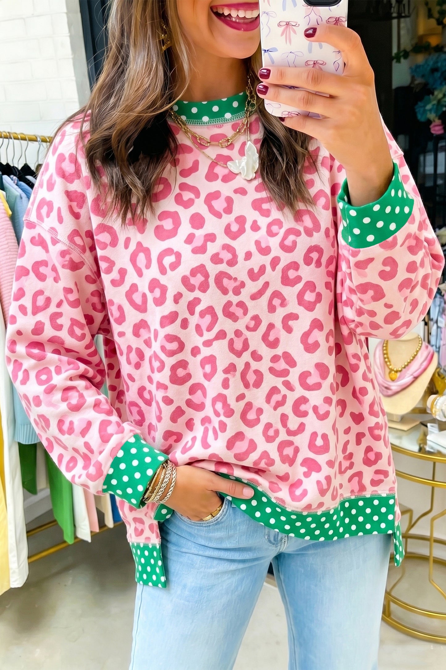 Leopard Polka Dot Colorblock Trim Long Sleeve Top