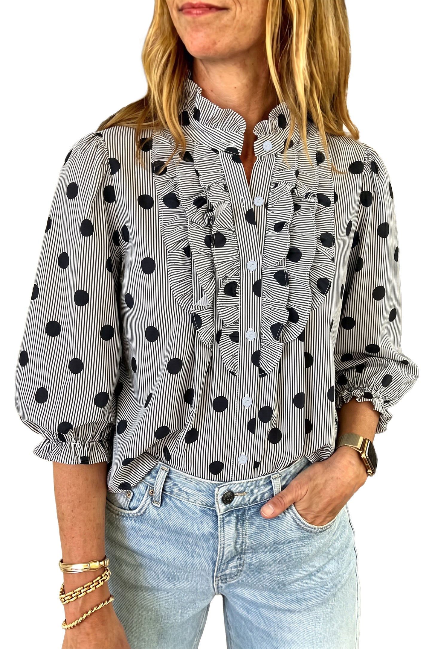Polka Dot Striped Print Ruffle Stand Neck 3/4 Sleeve Shift Shirt