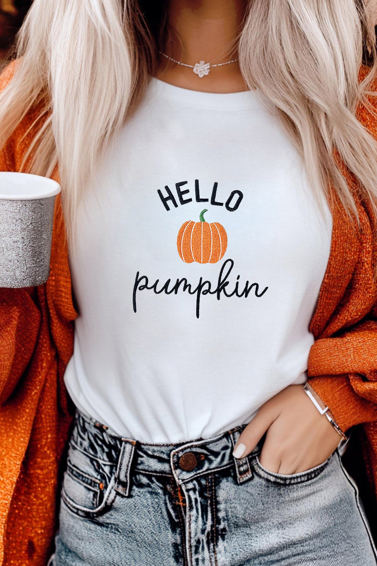 Embroidered Pumpkin Slogan Short Sleeve T-Shirt