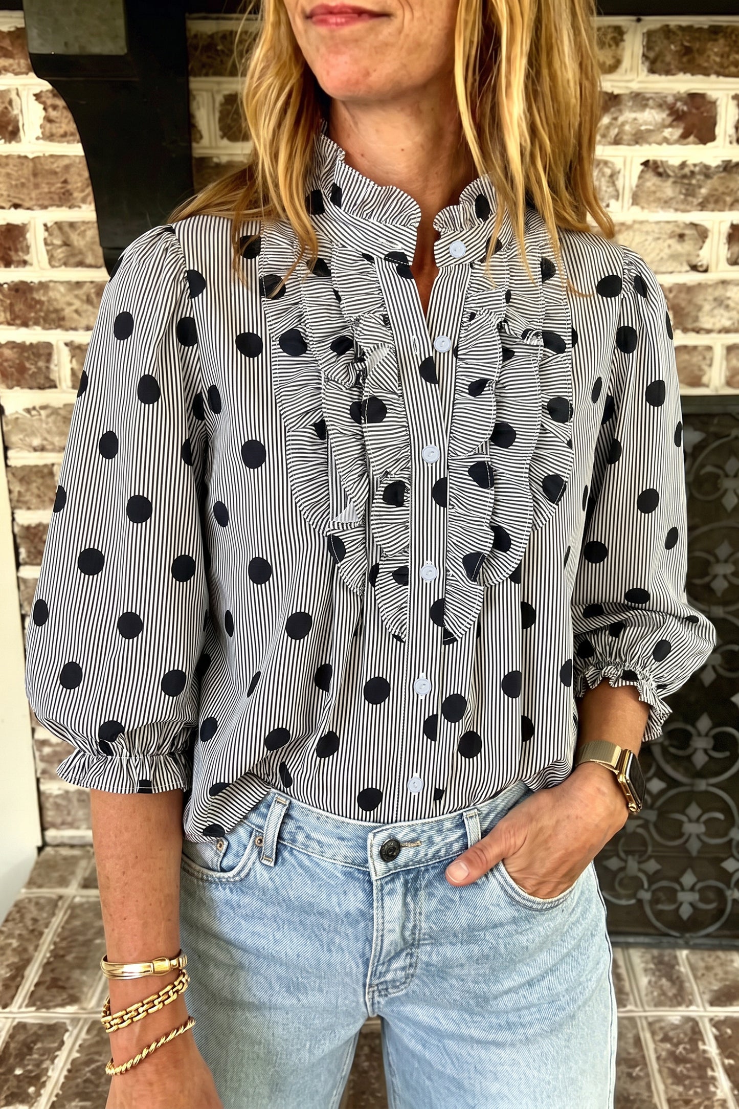Polka Dot Striped Print Ruffle Stand Neck 3/4 Sleeve Shift Shirt