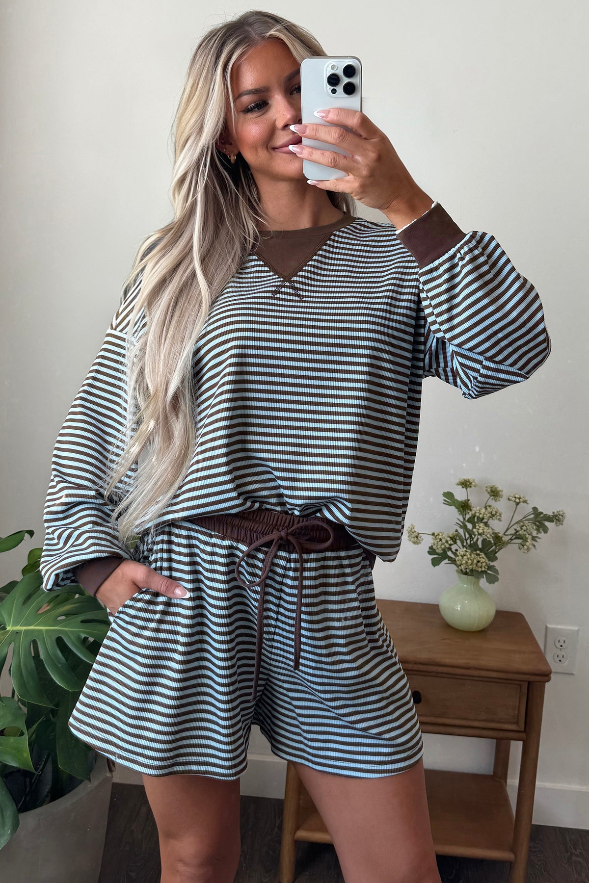 Stripe Oversized Long Sleeve Top Drawstring Loose Shorts 2pcs Set