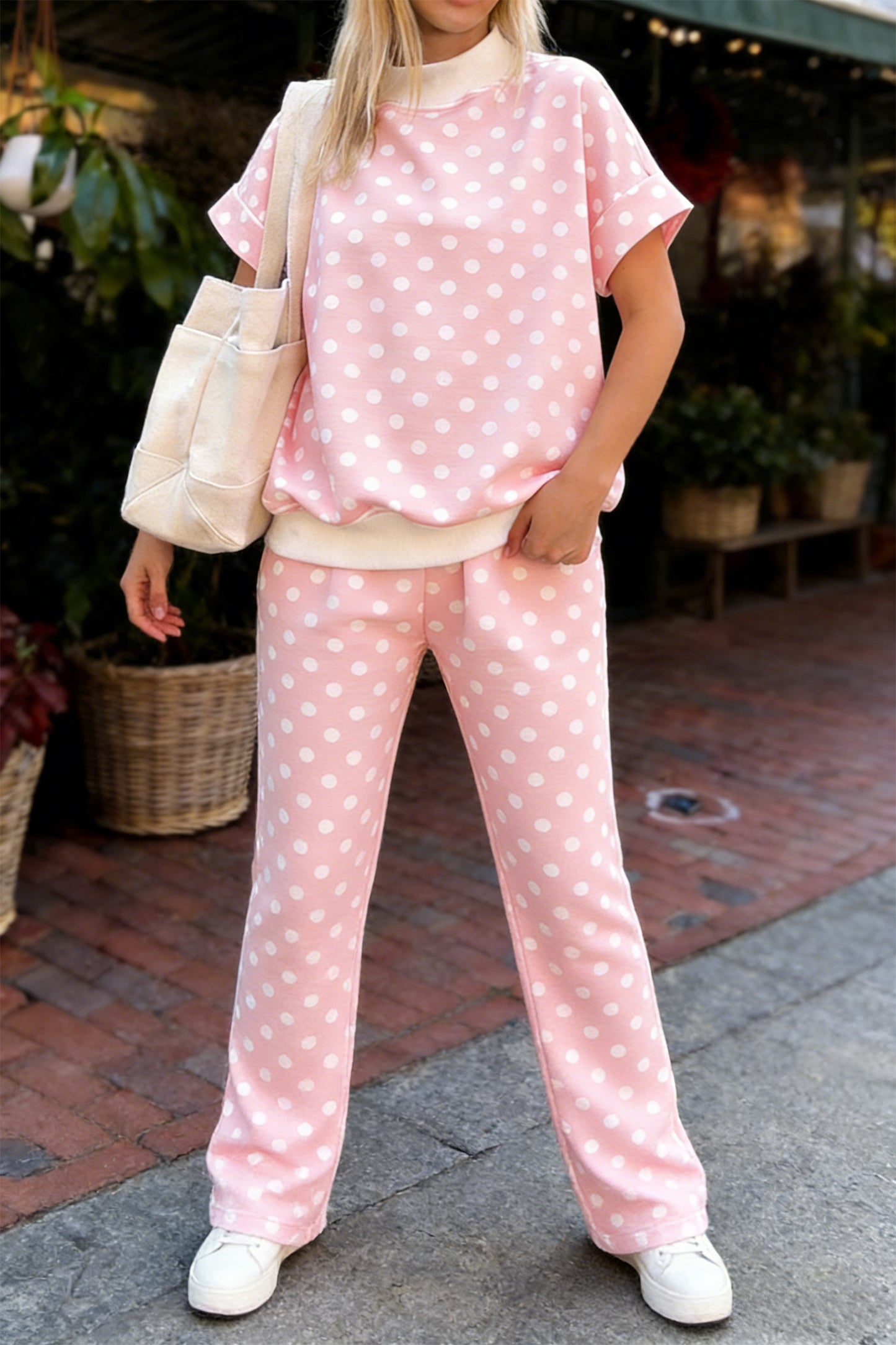 Polka Dot Print Mock Neck Short Sleeve Top Shift Pant Set
