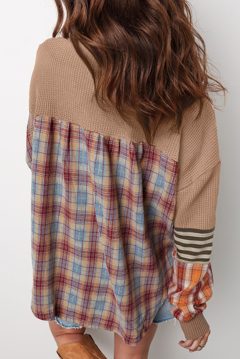 Waffle Stripe Plaid Patchwork Henley Knit Top