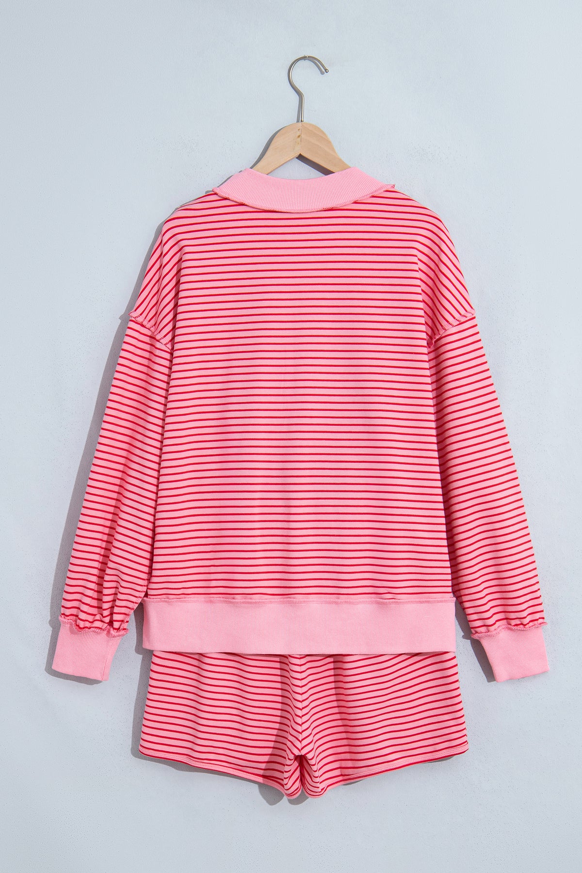 Stripe Ribbed Patchwork Mock Neck Baggy Pullover Matching Shorts Set