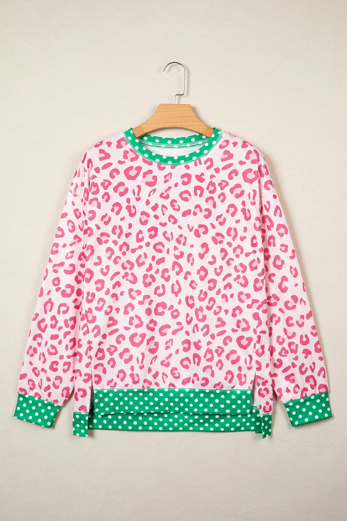 Leopard Polka Dot Colorblock Trim Long Sleeve Top