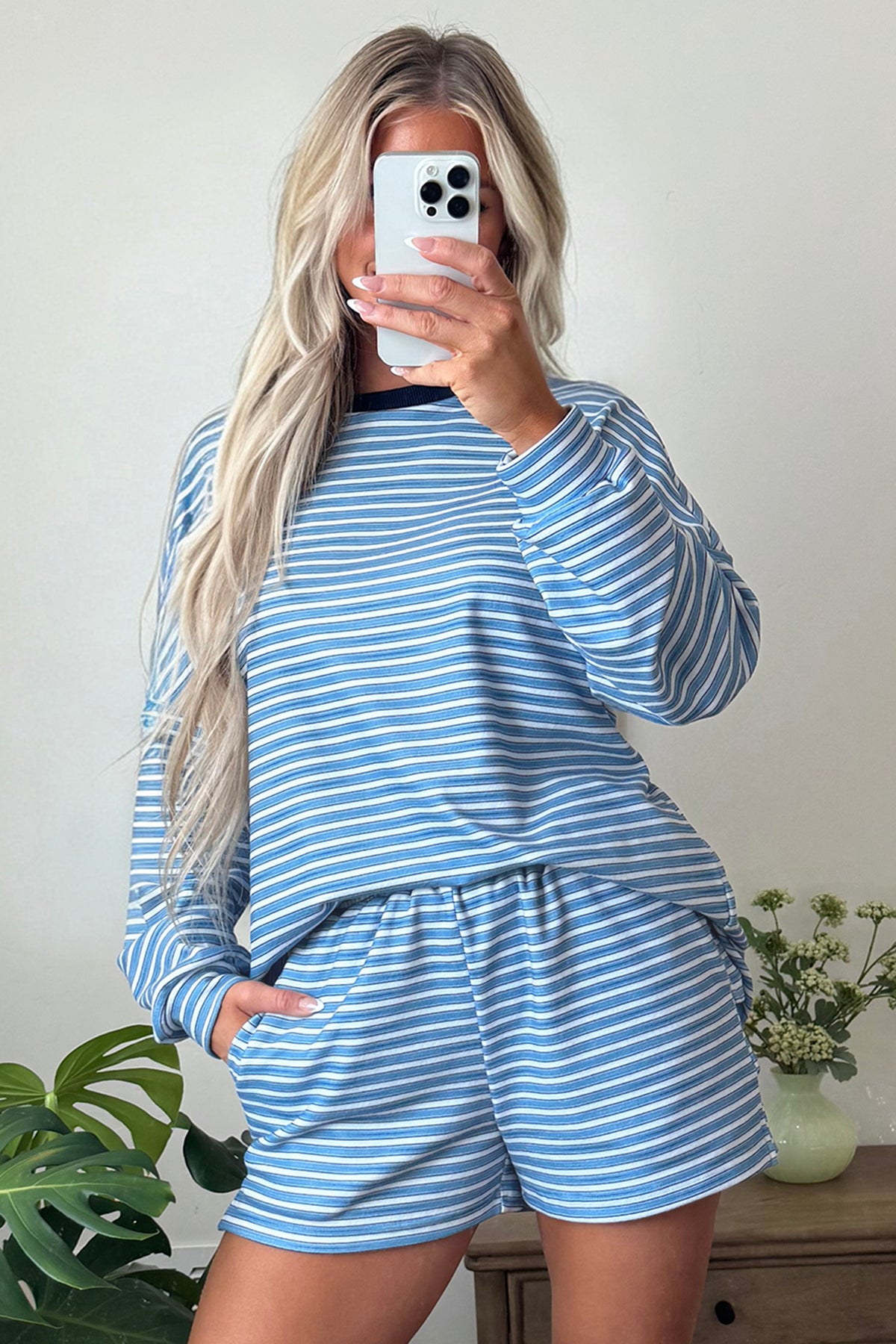 Stripe Long Sleeve Oversized Top Pocketed Casual Shorts Two Piece Set