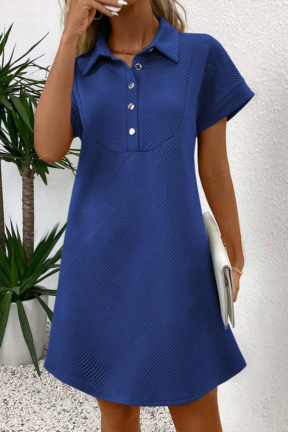 Textured Short Sleeve A Line Mini Dress