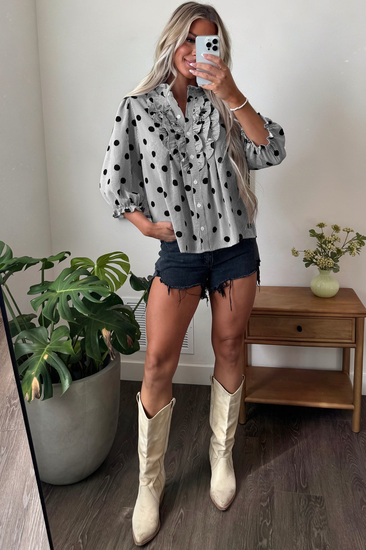 Polka Dot Striped Print Ruffle Stand Neck 3/4 Sleeve Shift Shirt
