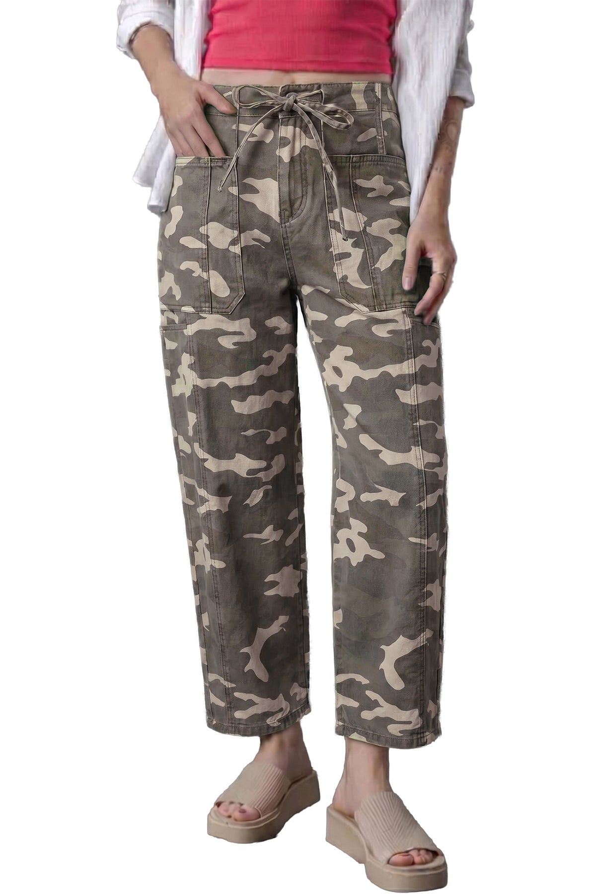 Leopard Printed Drawstring Elastic Waistband Pocketed Barrel Jeans