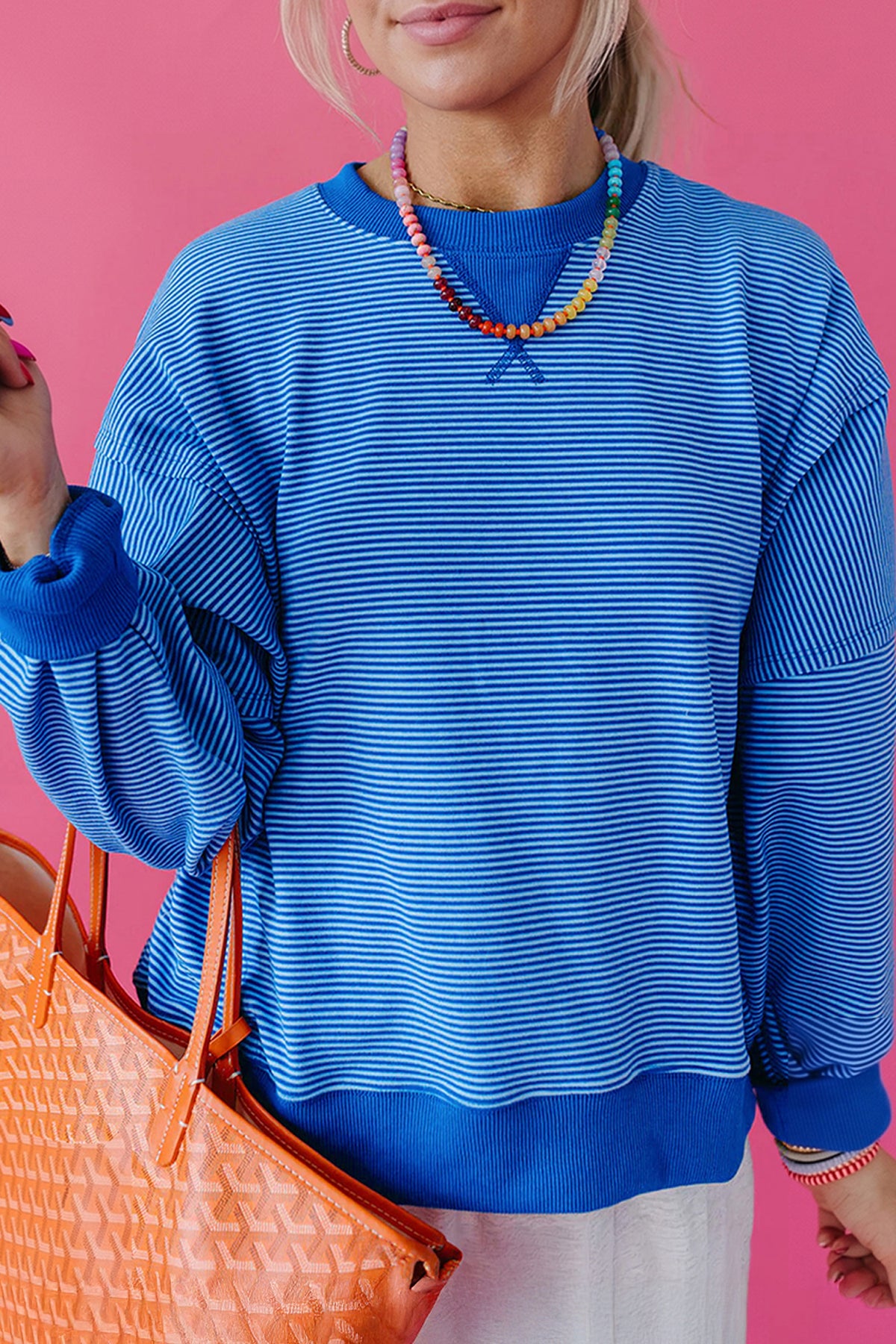 Stripe Ribbed Cuffs Hem Long Sleeve Pullover Top