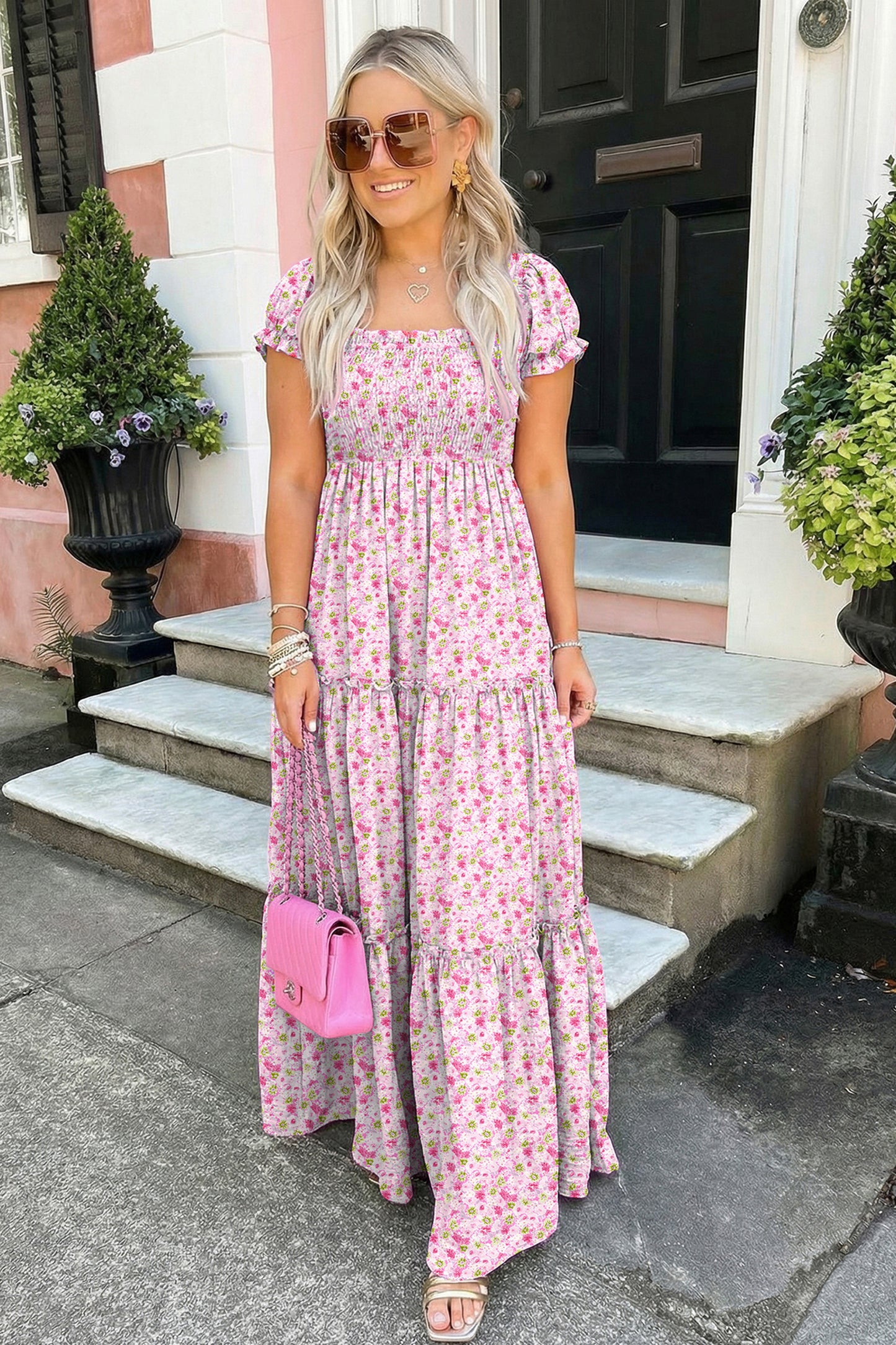 Floral Short Bubble Sleeve Shirred High Waist Maxi Dress