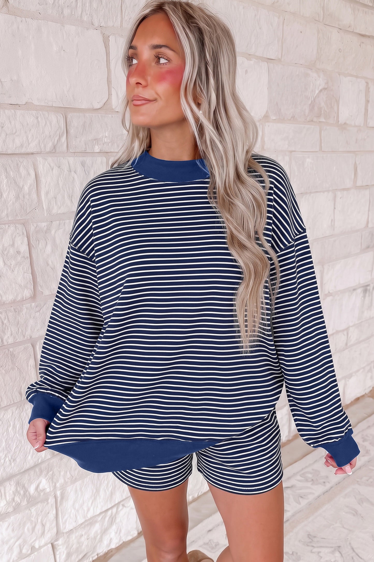 Stripe Ribbed Patchwork Mock Neck Baggy Pullover Matching Shorts Set