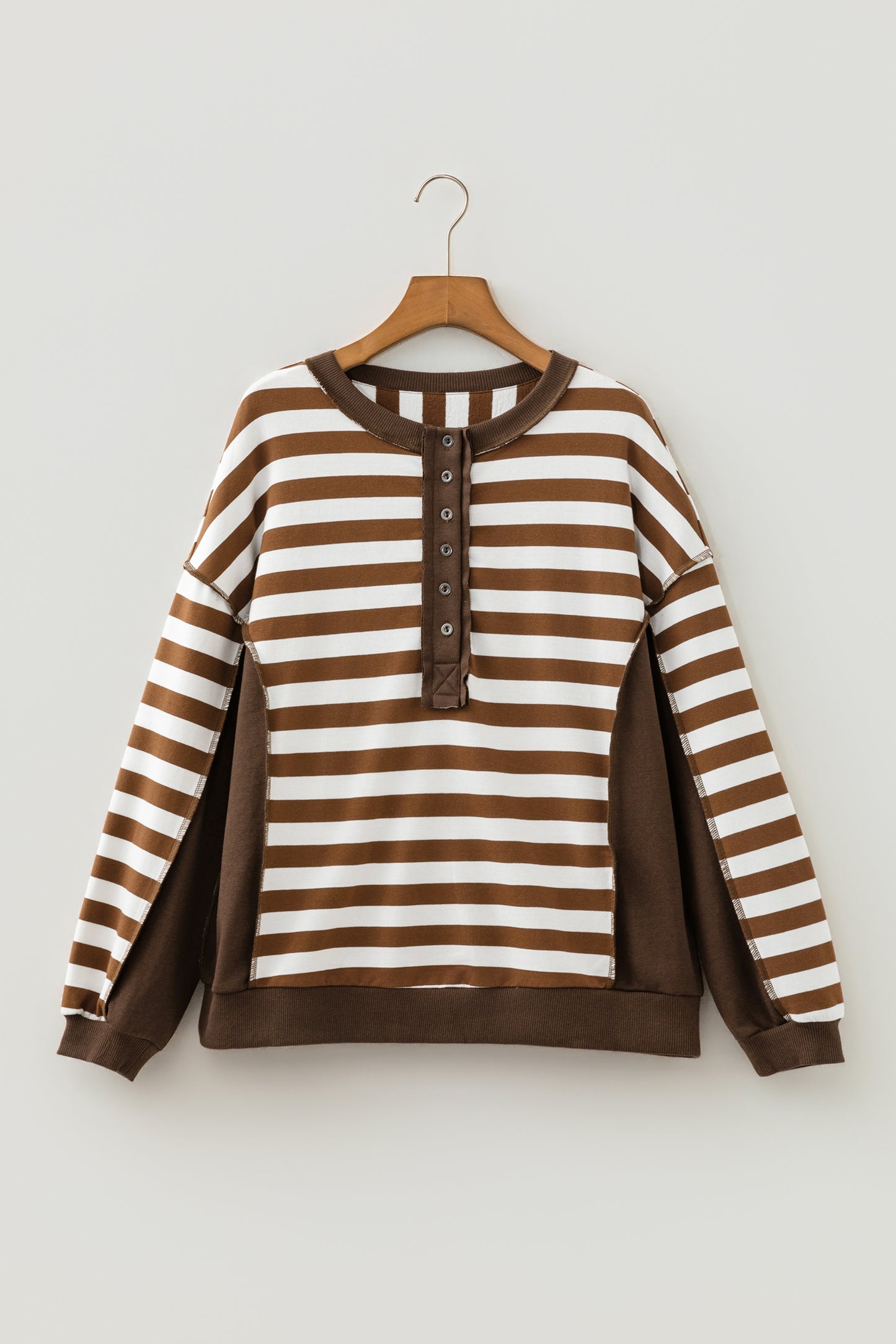 Exposed Seam Color Block Patchwork Button Placket Sweatshirt