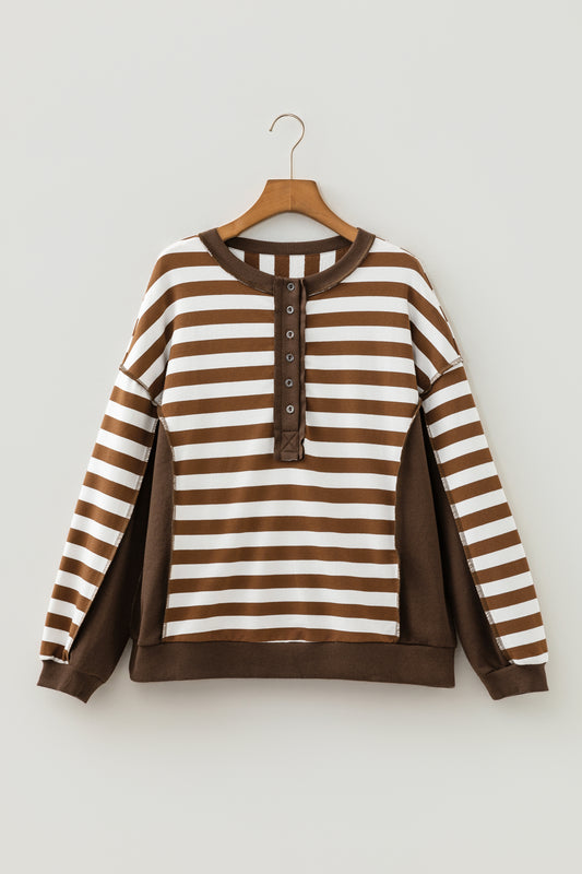 Exposed Seam Color Block Patchwork Button Placket Sweatshirt