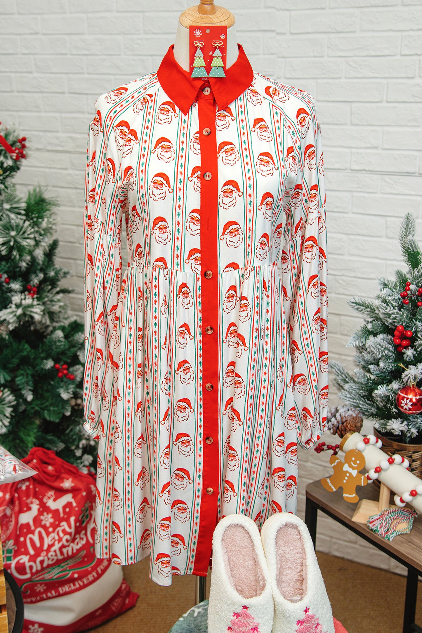 Father Christmas Contrast Collar Button Front Long Sleeve A-line Mini Dress
