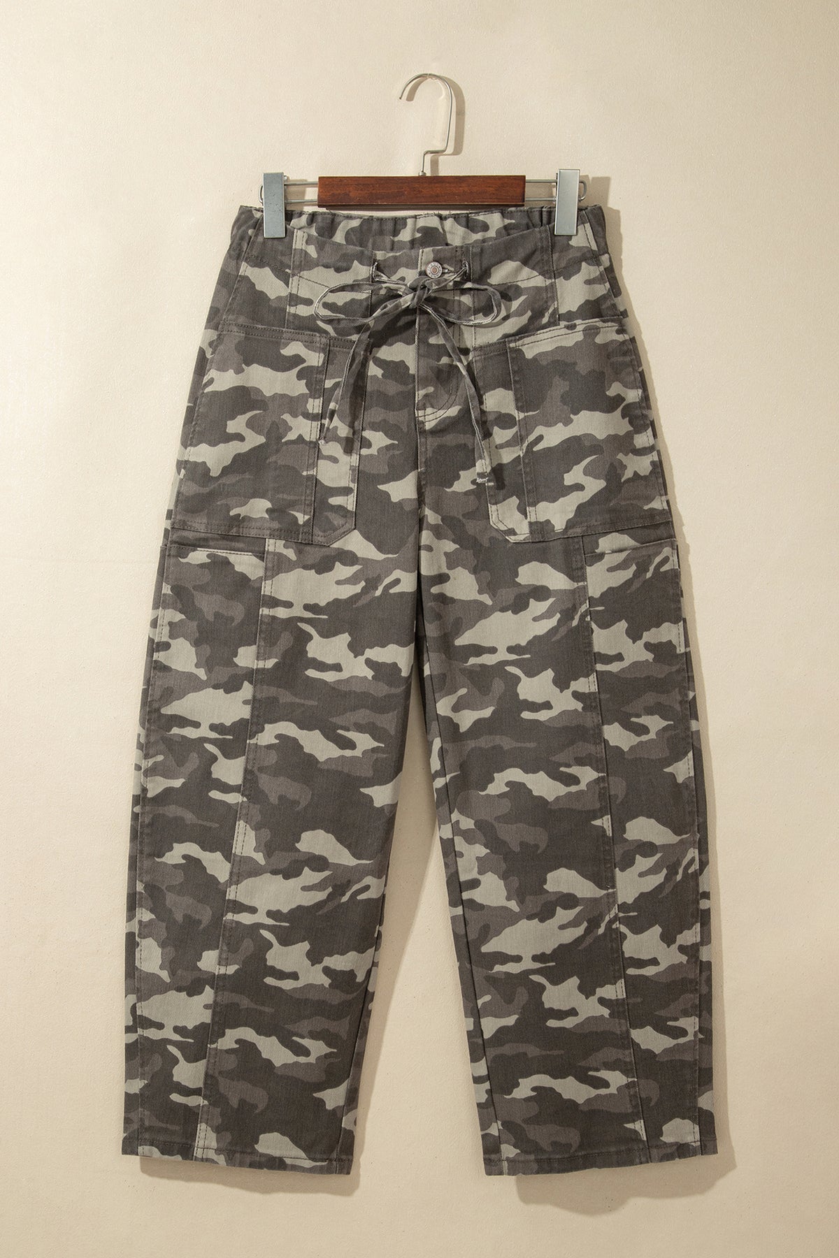 Leopard Printed Drawstring Elastic Waistband Pocketed Barrel Jeans