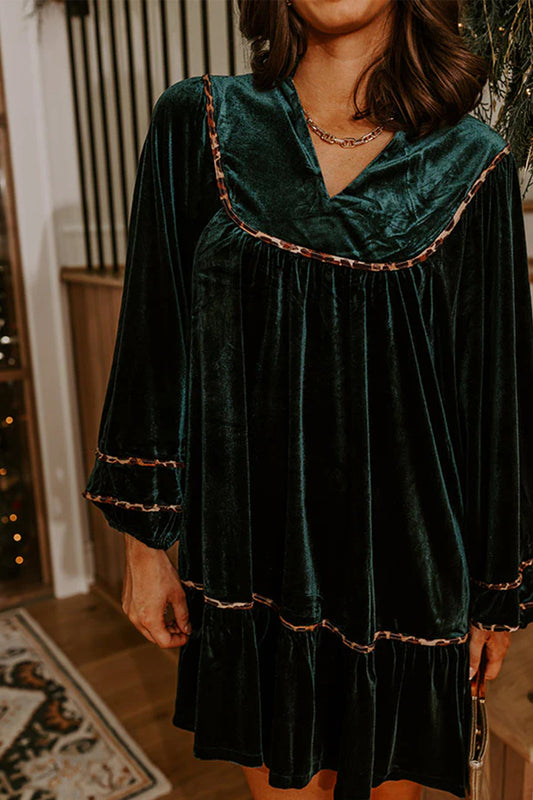 Leopard Trim Velvet Long Sleeve Shift Dress