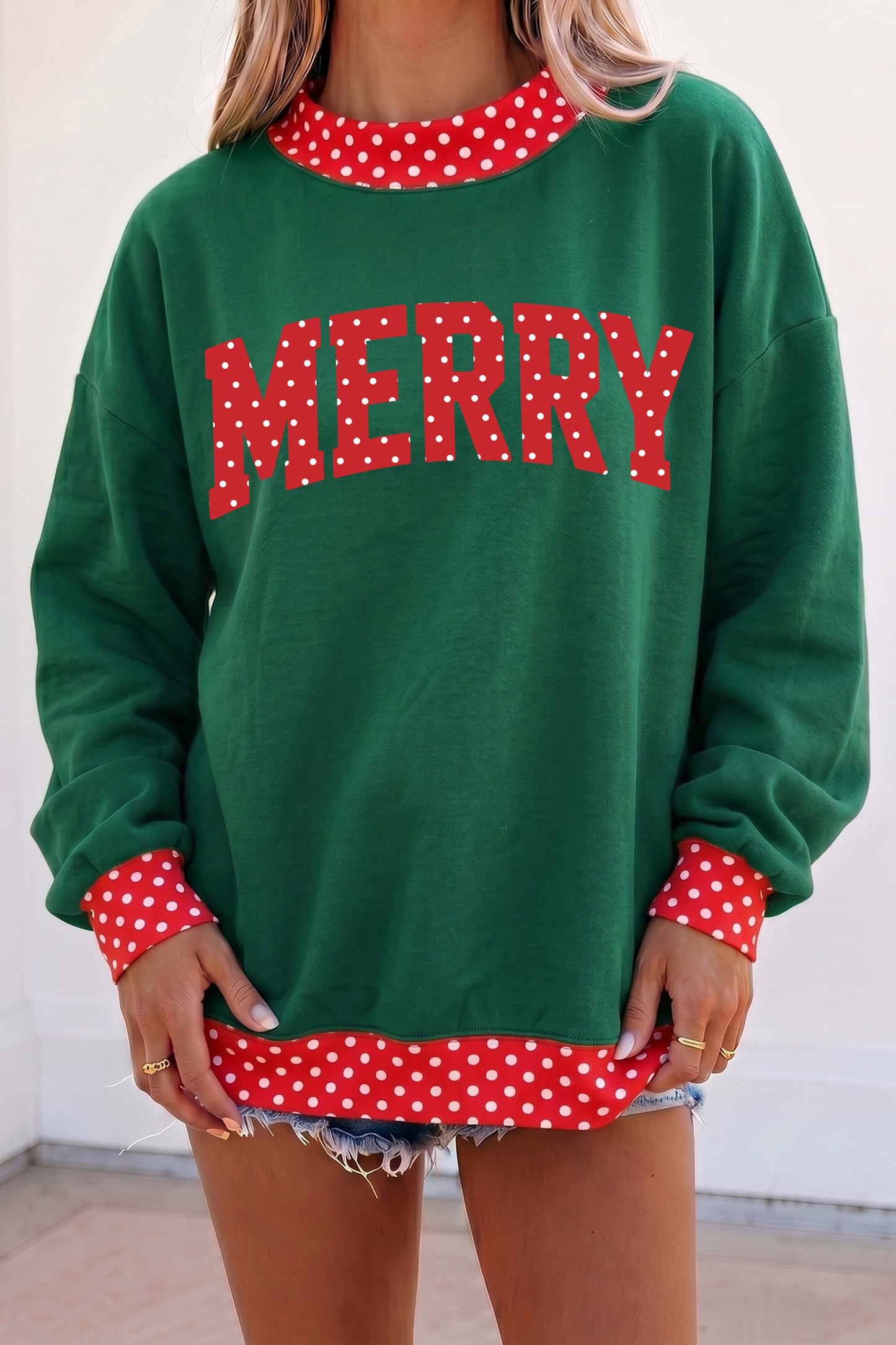 Merry Christmas Slogan Polka Dot Contrast Trim Tunic Sweatshirt